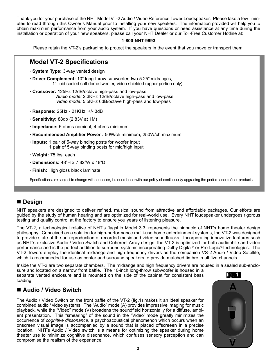 Model vt-2 specifications, Design, Audio / video switch | NHT VT-2 User Manual | Page 2 / 5