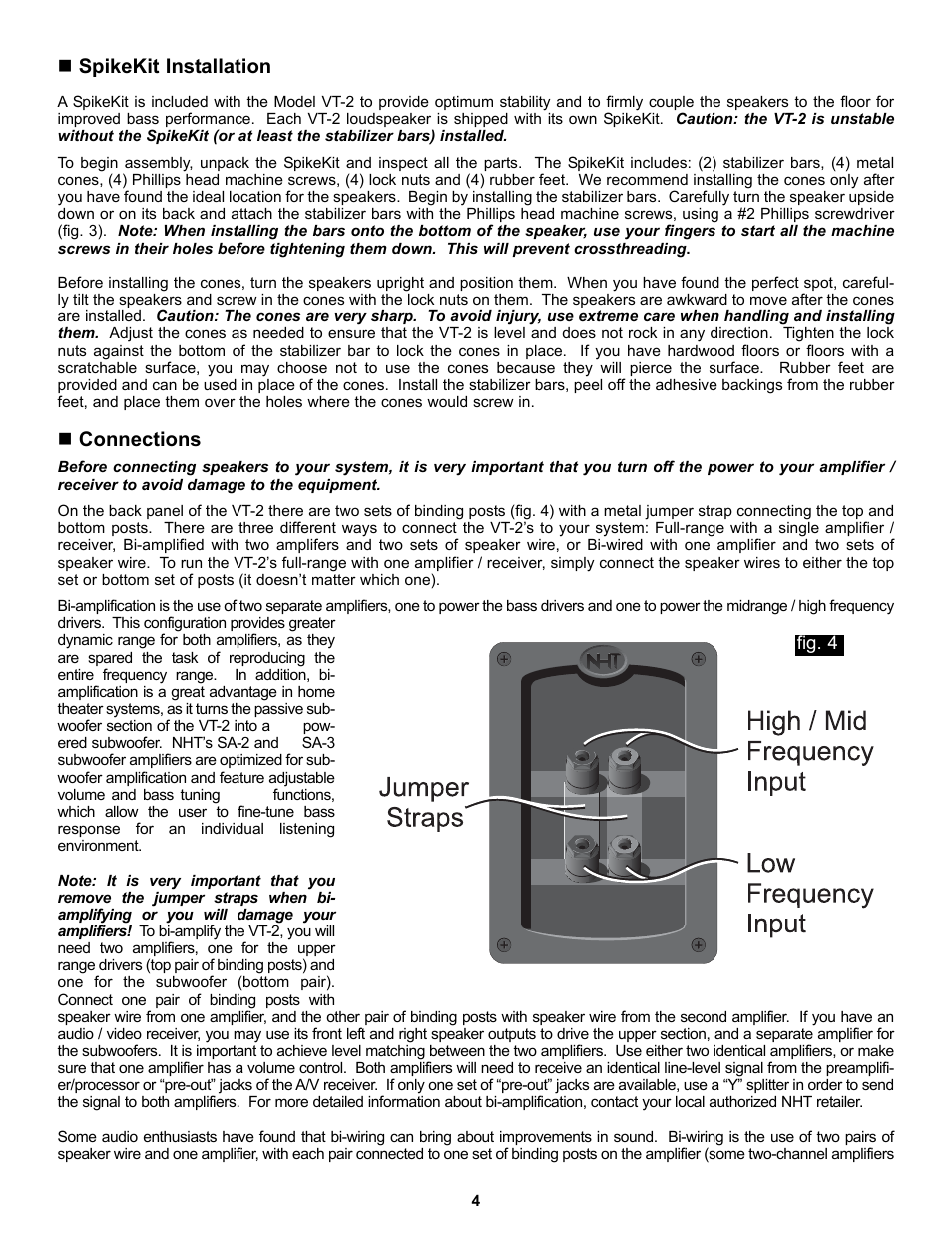 Spikekit installation, Connections | NHT VT-2 User Manual | Page 4 / 5