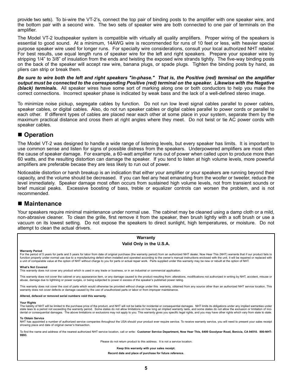 Operation, Maintenance | NHT VT-2 User Manual | Page 5 / 5