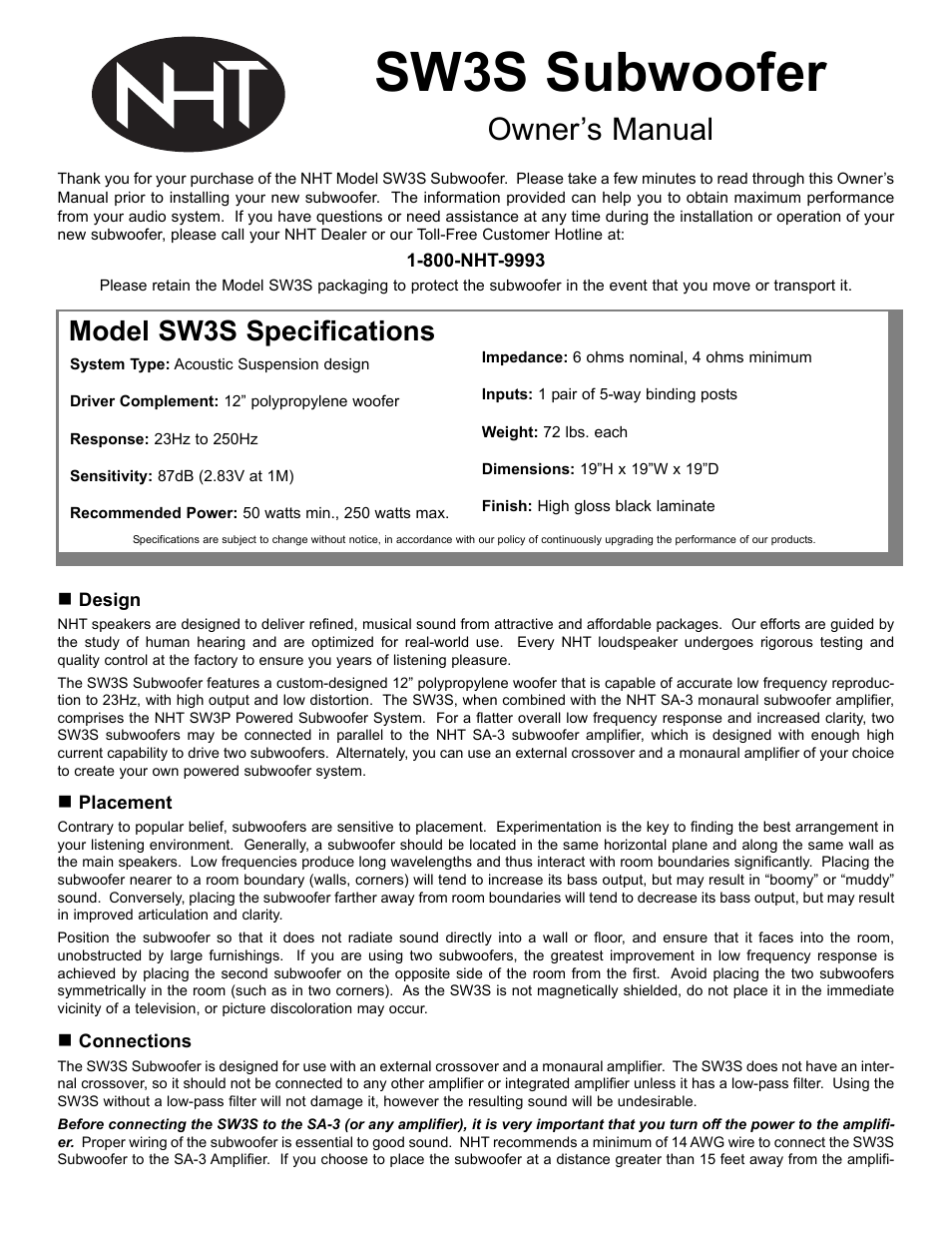 NHT SW3S User Manual | 2 pages