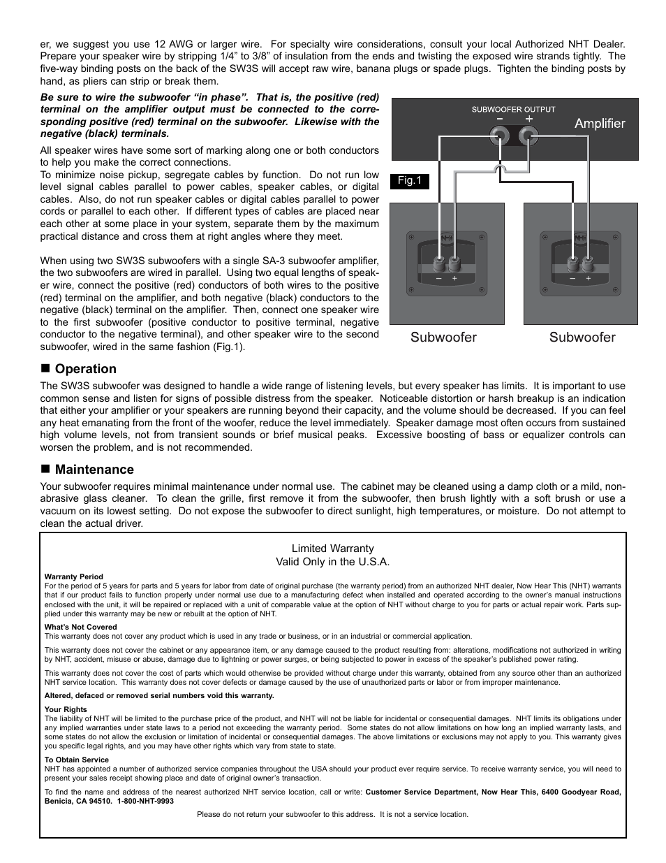 Operation, Maintenance | NHT SW3S User Manual | Page 2 / 2