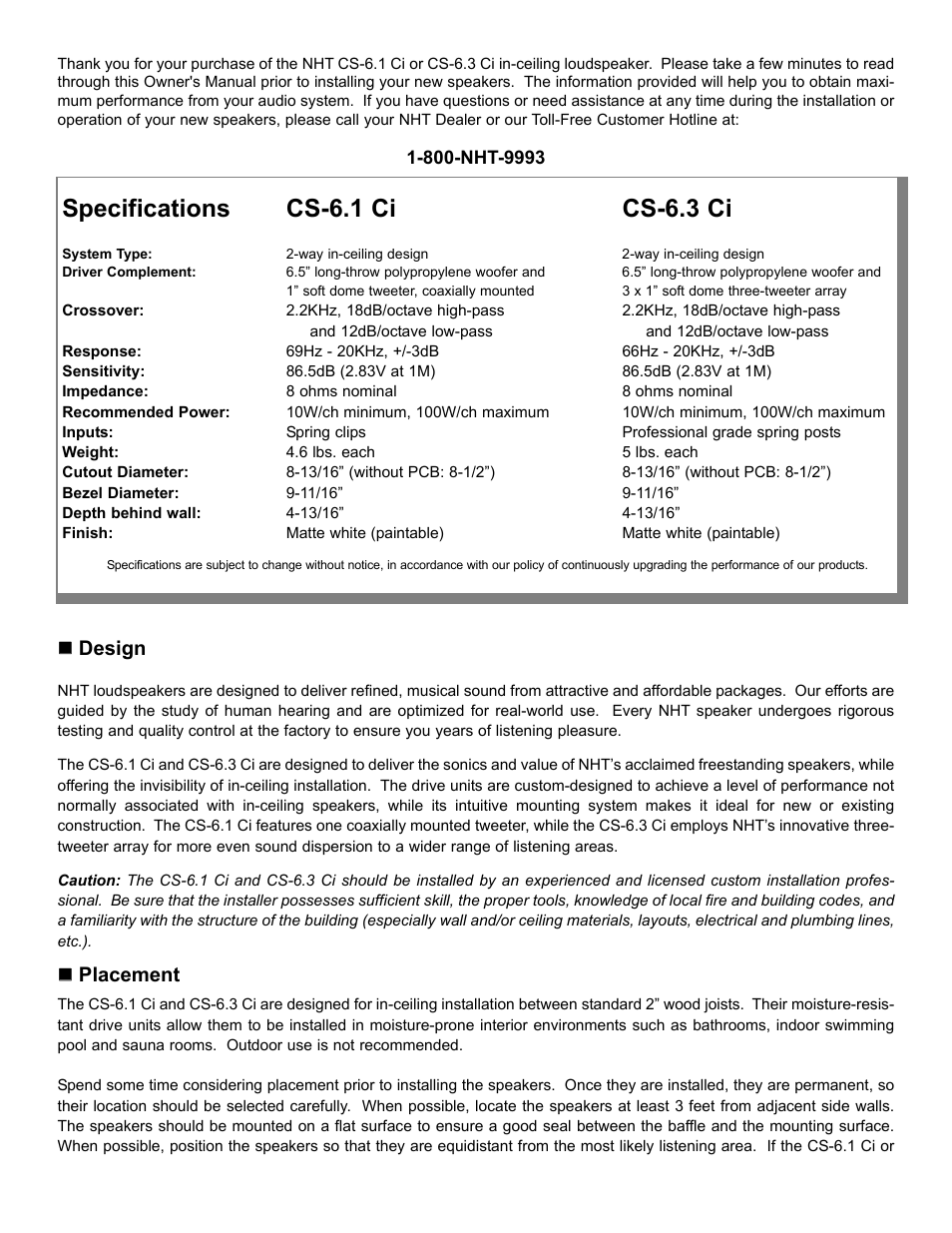 NHT CS-6.1 Ci User Manual | 8 pages