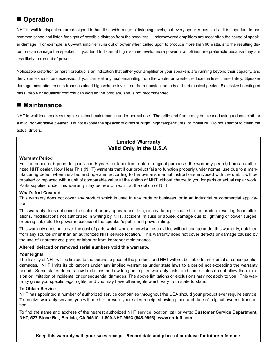 Operation, Maintenance | NHT iW2 User Manual | Page 9 / 9