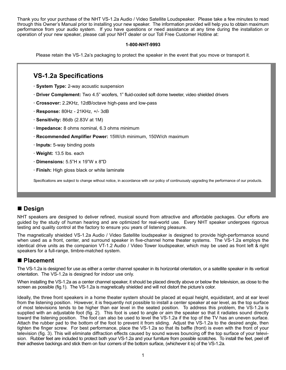 Vs-1.2a specifications, Design, Placement | NHT VS-1.2a User Manual | Page 2 / 6