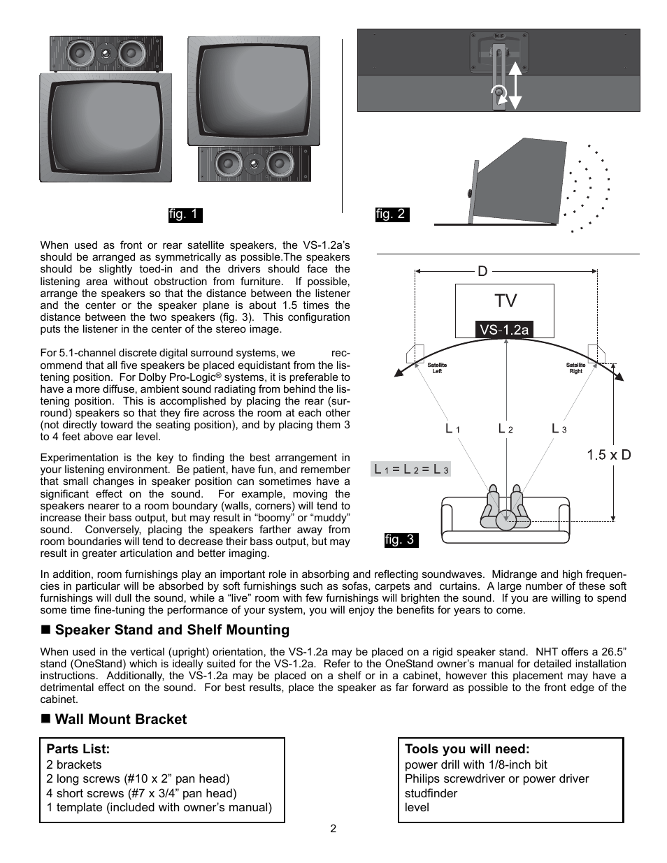 Speaker stand and shelf mounting, Wall mount bracket | NHT VS-1.2a User Manual | Page 3 / 6