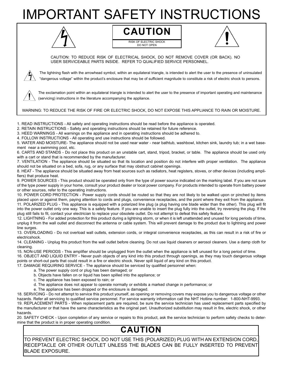 Important safety instructions, Caution | NHT SA-3 User Manual | Page 2 / 16