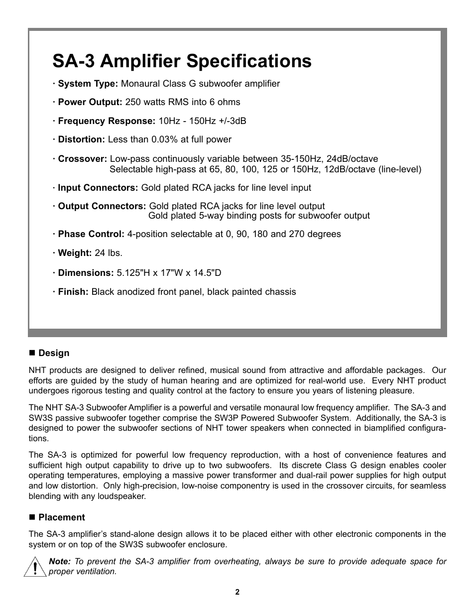 Sa-3 amplifier specifications | NHT SA-3 User Manual | Page 4 / 16