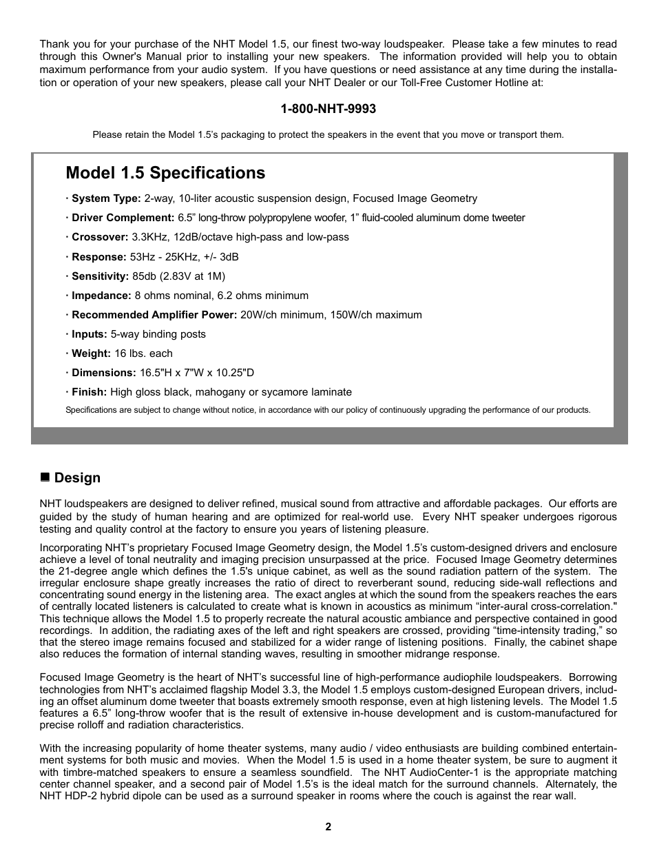Model 1.5 specifications, Design | NHT 1.5 User Manual | Page 2 / 4