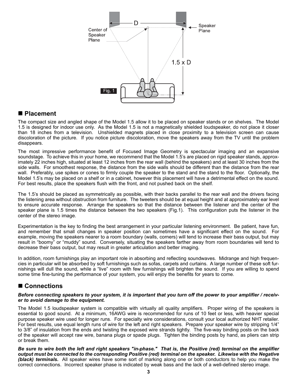 Placement, Connections | NHT 1.5 User Manual | Page 3 / 4