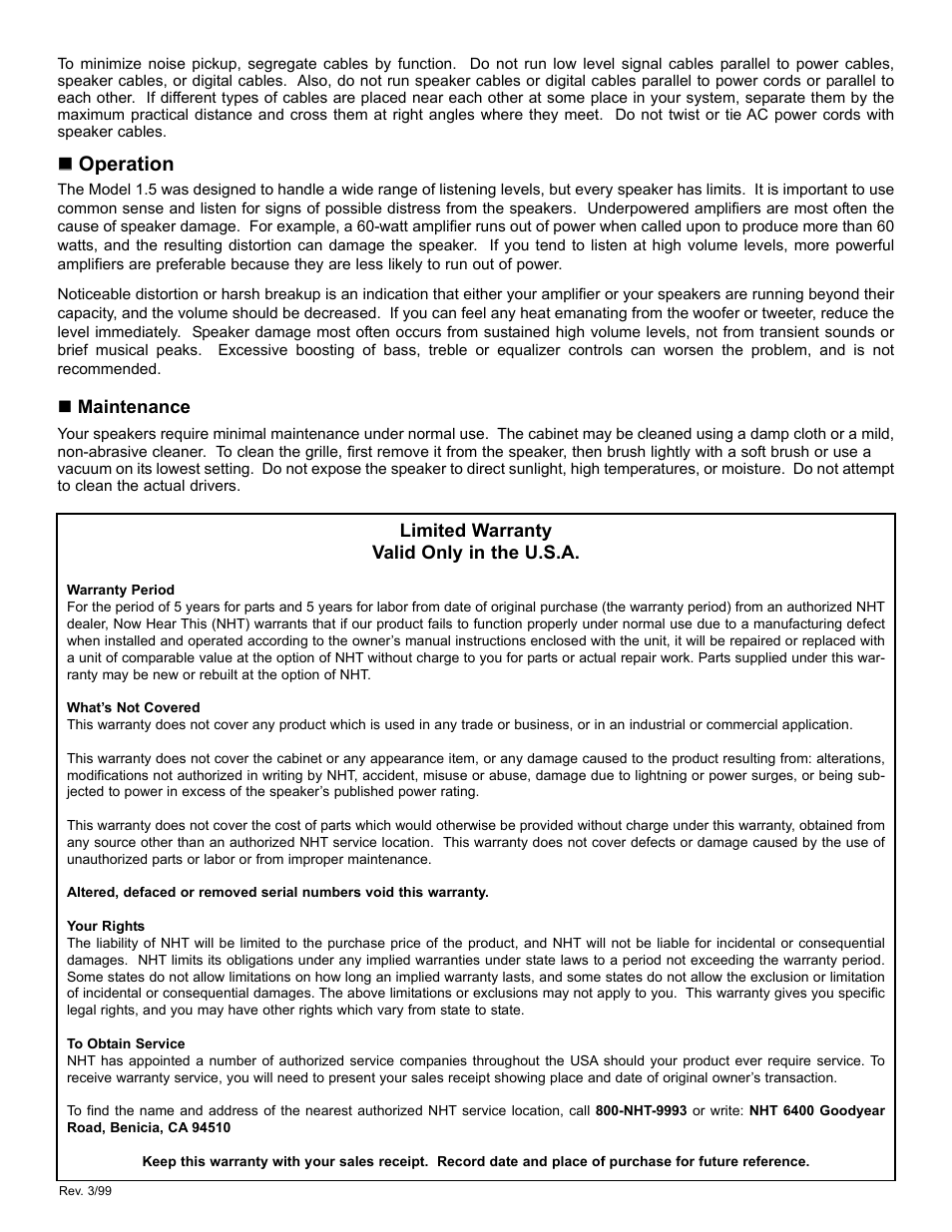 Operation | NHT 1.5 User Manual | Page 4 / 4