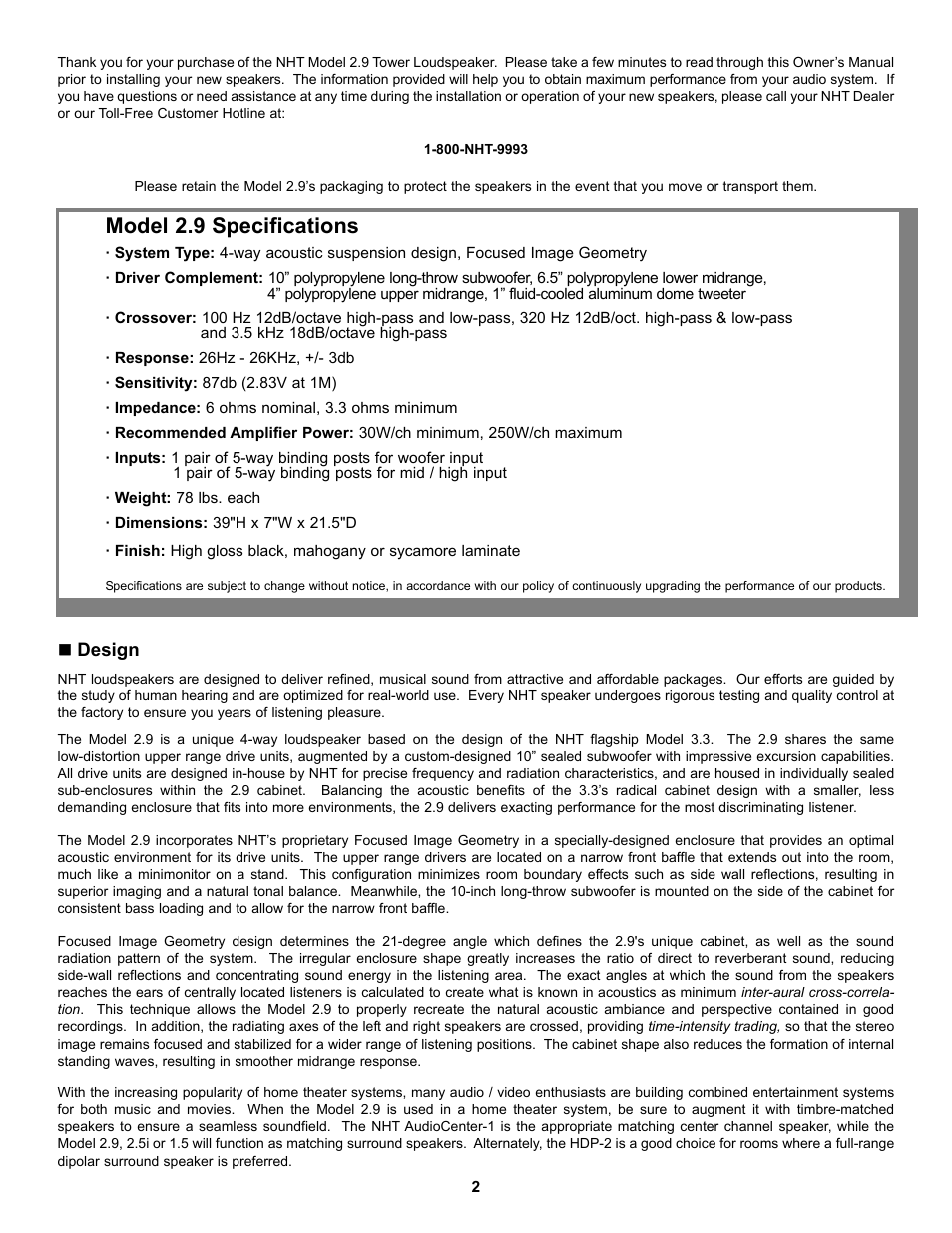 Model 2.9 specifications | NHT 2.9 User Manual | Page 2 / 5