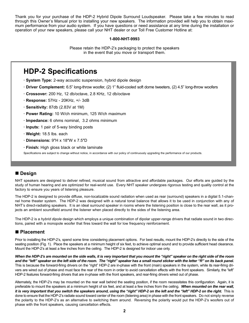 Hdp-2 specifications | NHT HDP-2 User Manual | Page 2 / 5