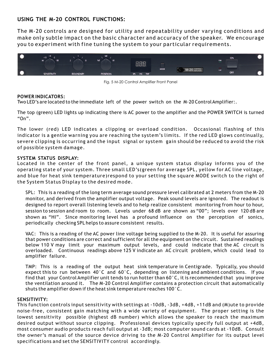 Using the m-20 control functions | NHT Pro Audio M-20 User Manual | Page 5 / 8