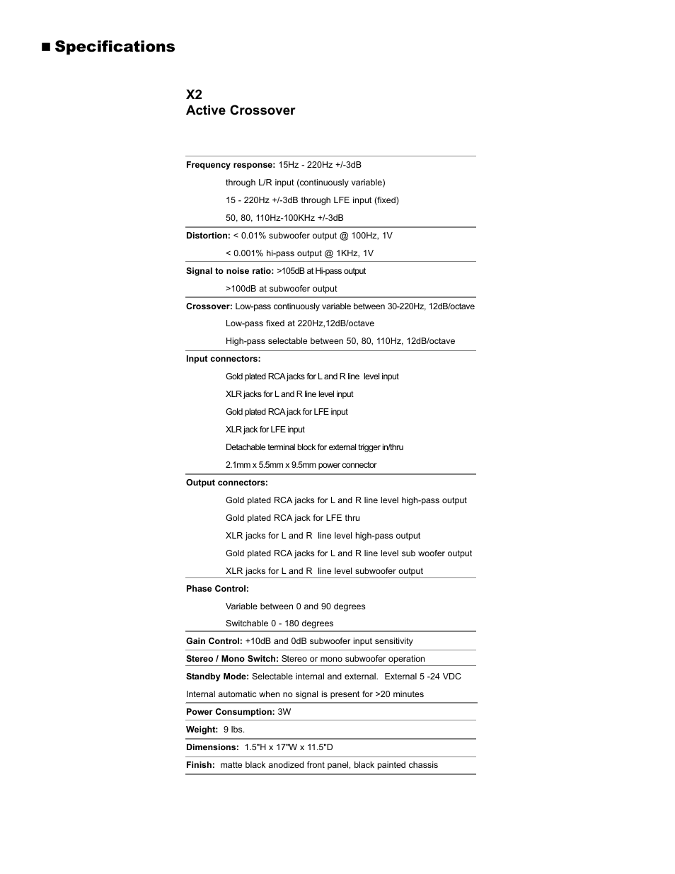 Specifications, X2 active crossover | NHT X2 User Manual | Page 2 / 12