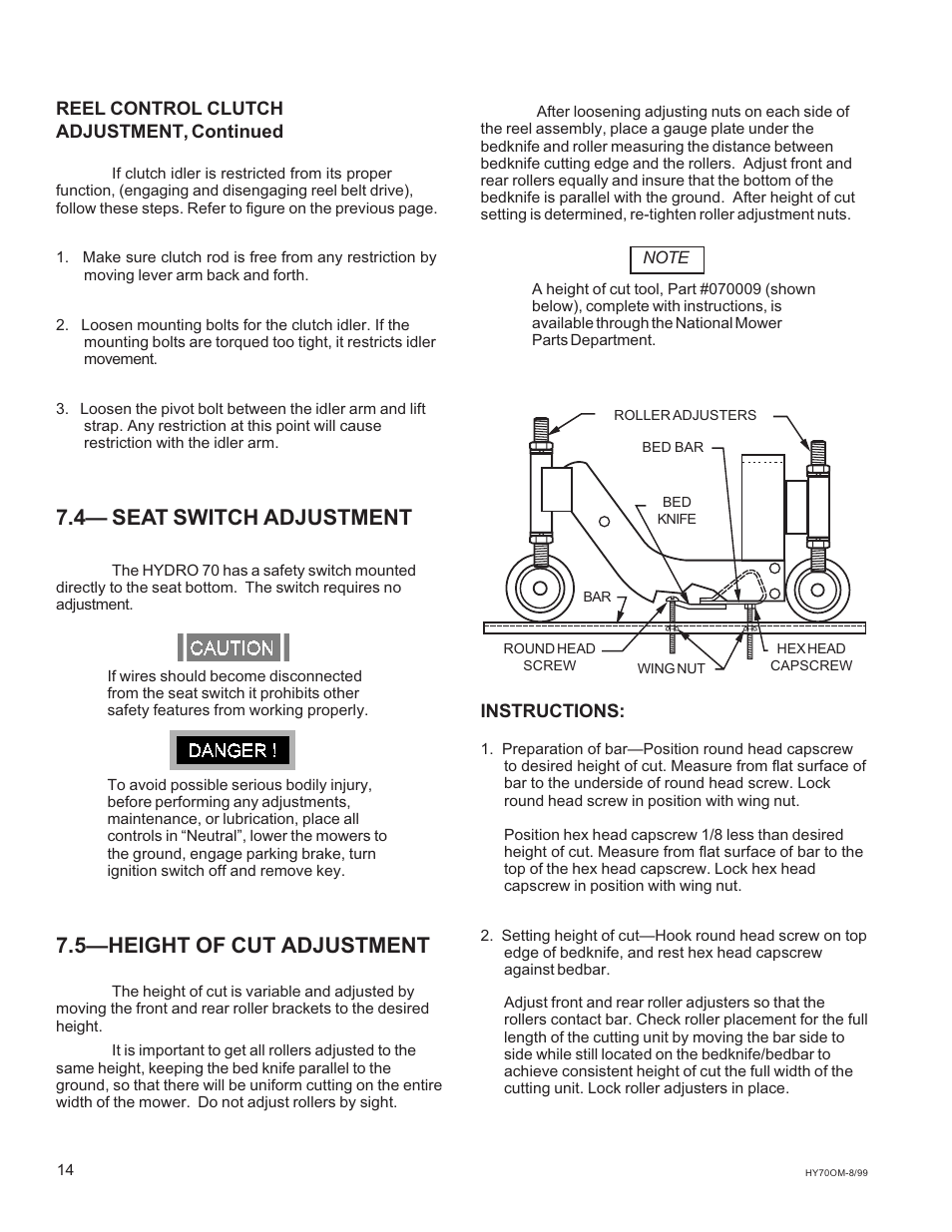 4 seat switch adjustment, 5height of cut adjustment | National Mower HYDRO HYD70OM-8/99 User Manual | Page 14 / 51