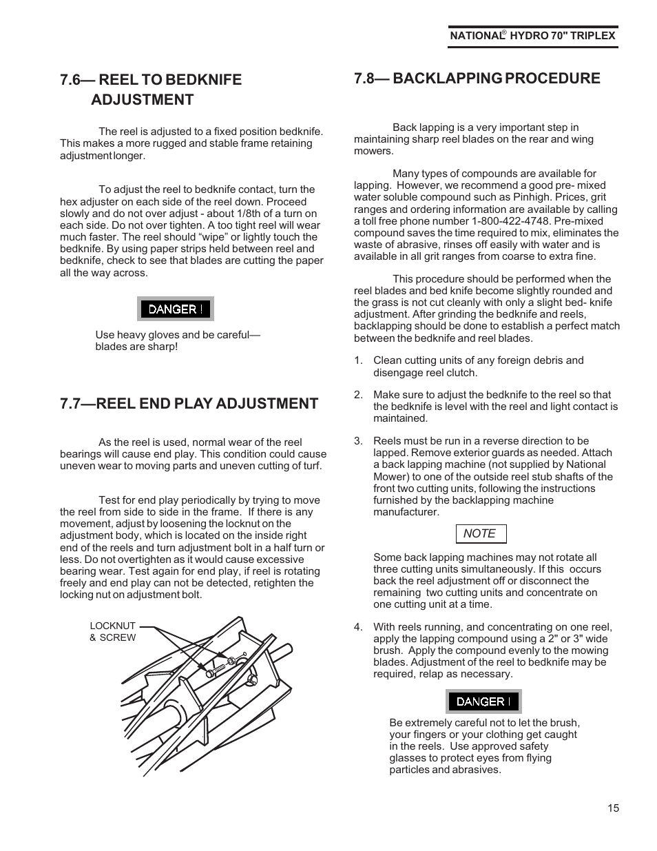 6 reel to bedknife adjustment, 7reel end play adjustment, 8 backlapping procedure | National Mower HYDRO HYD70OM-8/99 User Manual | Page 15 / 51