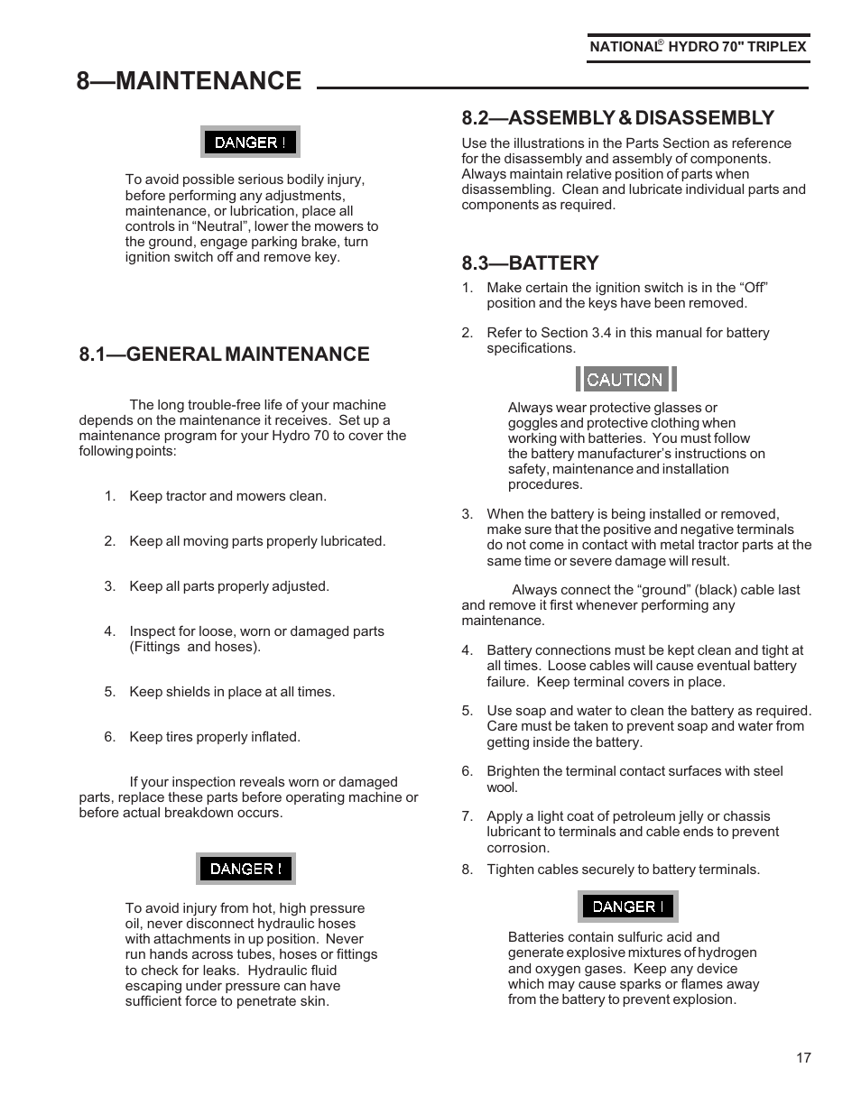 8maintenance, 1general maintenance, 2assembly & disassembly | 3battery | National Mower HYDRO HYD70OM-8/99 User Manual | Page 17 / 51