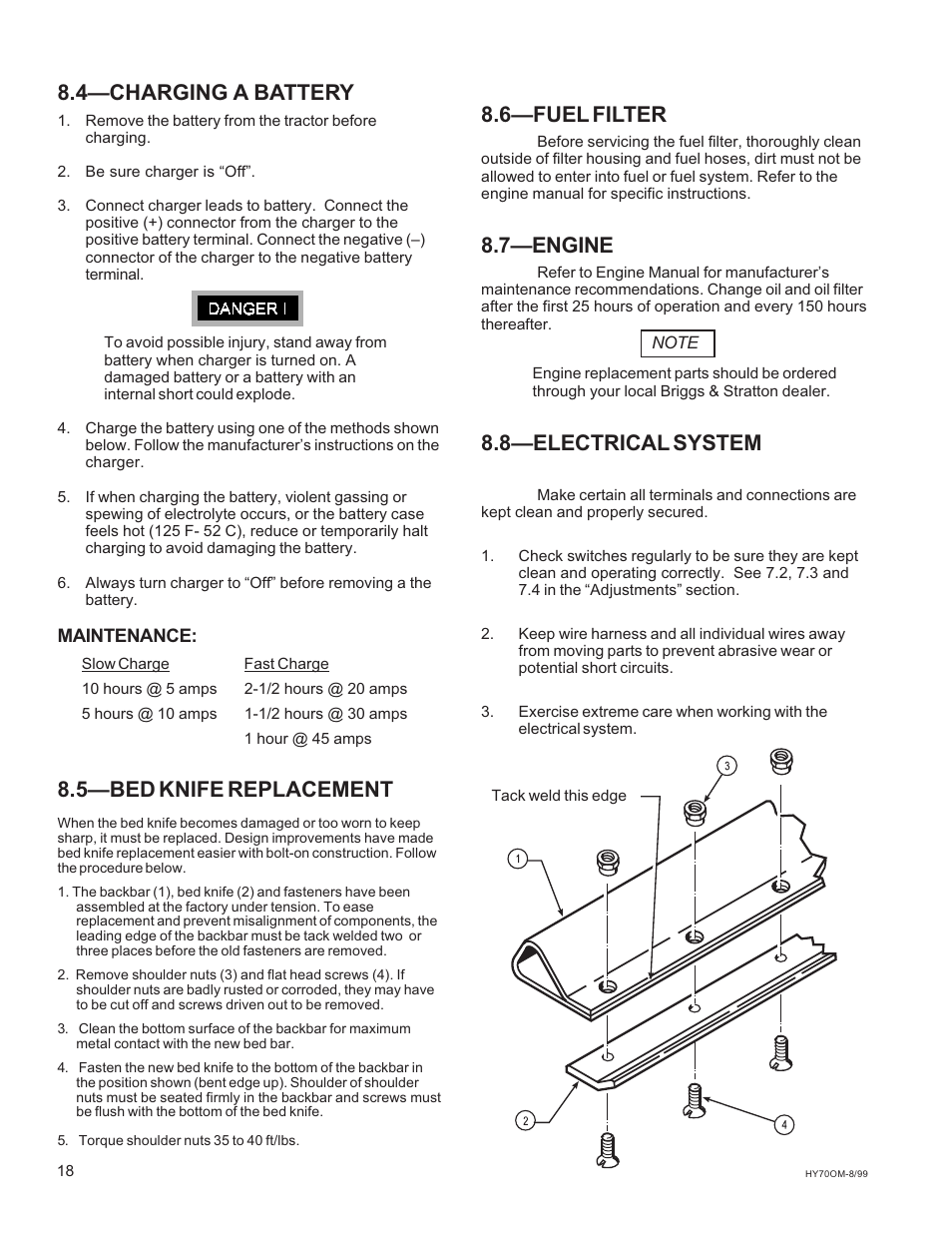 4charging a battery, 6fuel filter, 7engine | 8electrical system, 5bed knife replacement | National Mower HYDRO HYD70OM-8/99 User Manual | Page 18 / 51