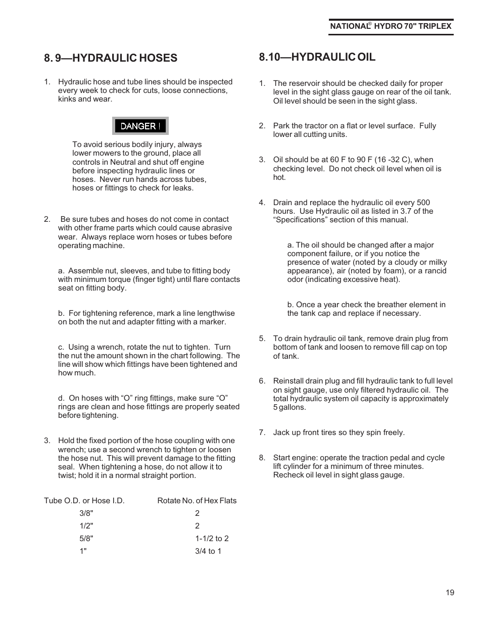 9hydraulic hoses, 10hydraulic oil | National Mower HYDRO HYD70OM-8/99 User Manual | Page 19 / 51