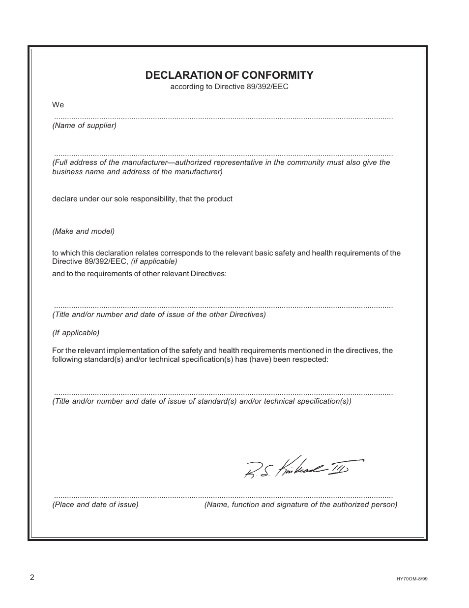 Declaration of conformity | National Mower HYDRO HYD70OM-8/99 User Manual | Page 2 / 51