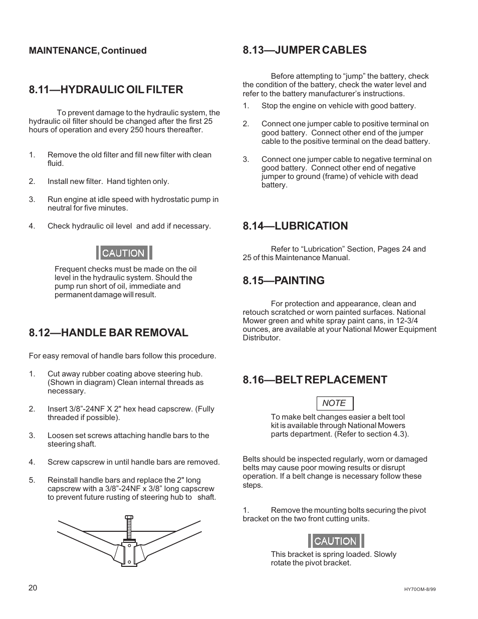 11hydraulic oil filter, 12handle bar removal, 13jumper cables | 14lubrication, 15painting, 16belt replacement | National Mower HYDRO HYD70OM-8/99 User Manual | Page 20 / 51