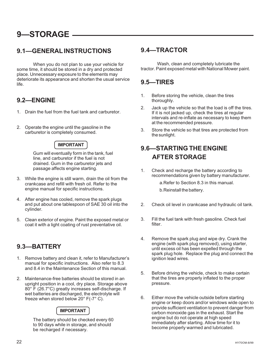 9storage, 1general instructions, 2engine | 3battery, 4tractor, 5tires, 6starting the engine after storage | National Mower HYDRO HYD70OM-8/99 User Manual | Page 22 / 51