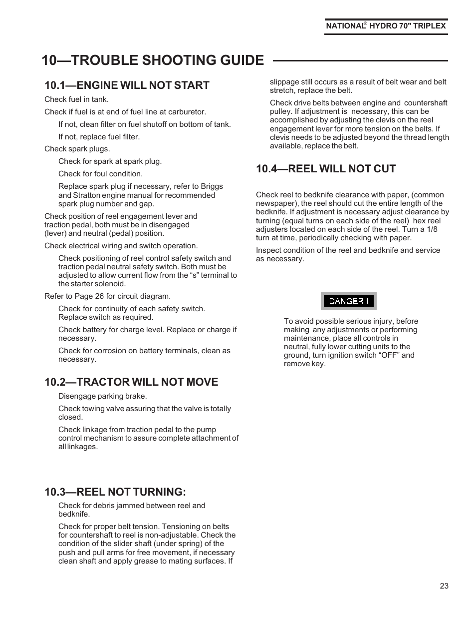 10trouble shooting guide, 1engine will not start, 2tractor will not move | 3reel not turning, 4reel will not cut | National Mower HYDRO HYD70OM-8/99 User Manual | Page 23 / 51