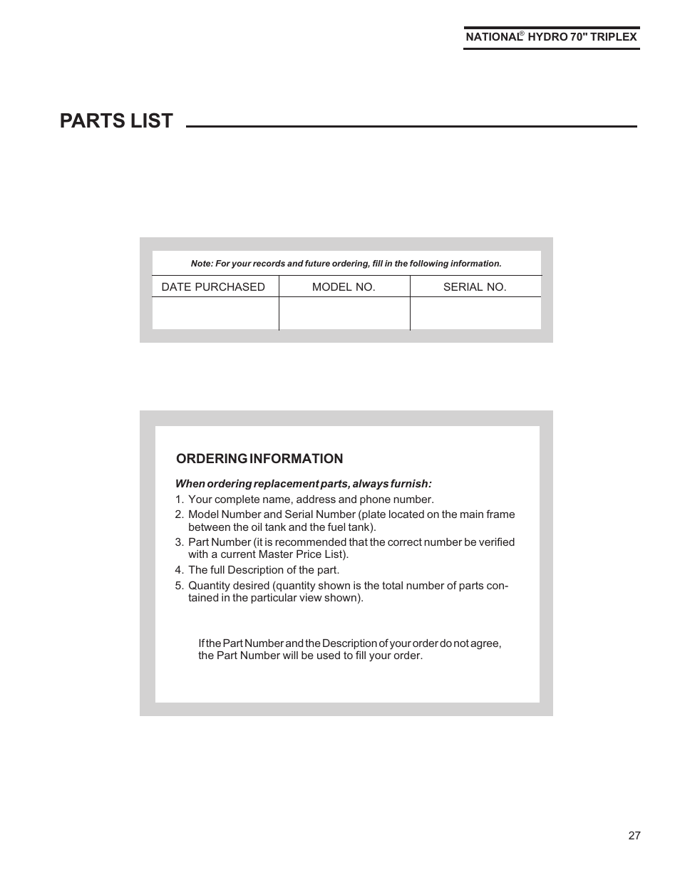 Parts list | National Mower HYDRO HYD70OM-8/99 User Manual | Page 27 / 51