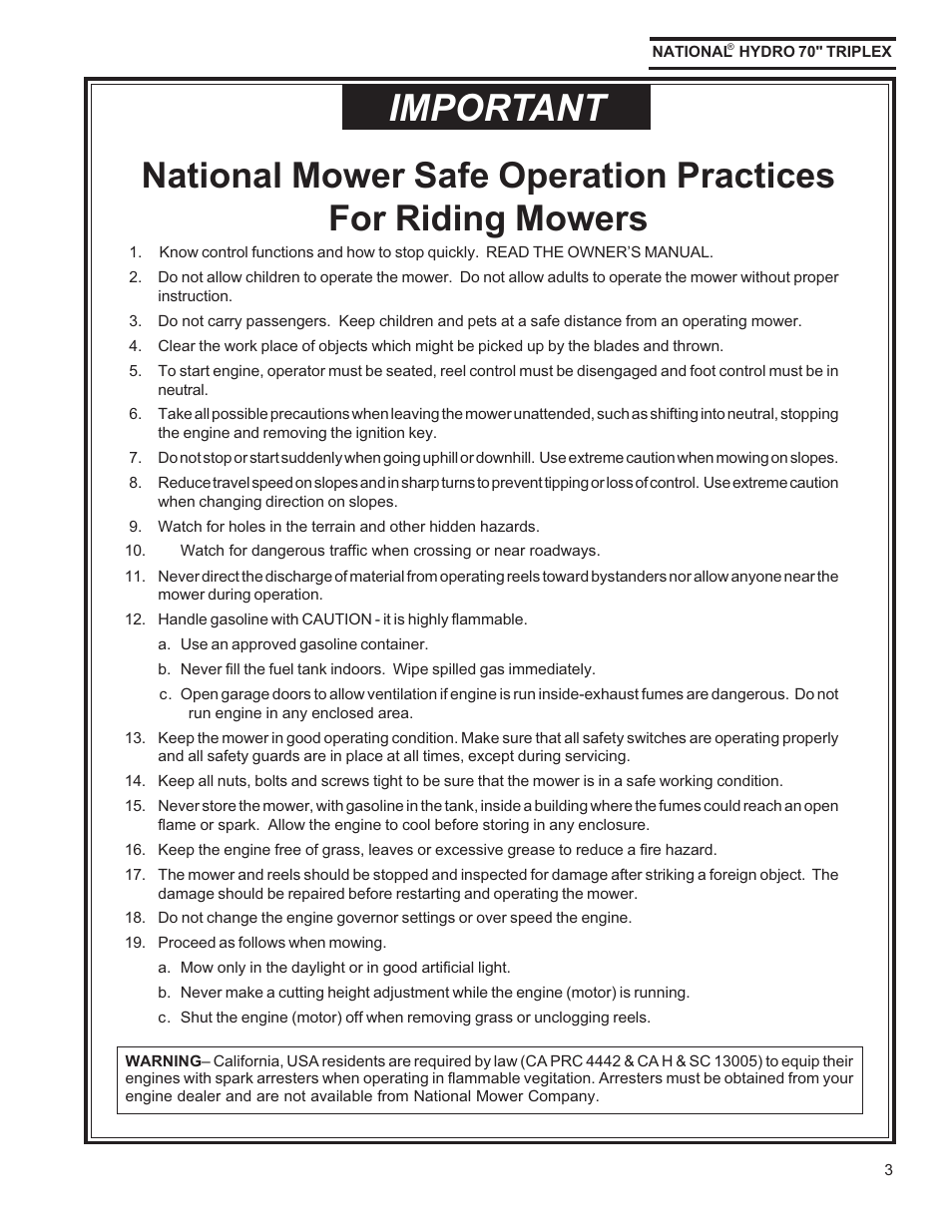 Important | National Mower HYDRO HYD70OM-8/99 User Manual | Page 3 / 51