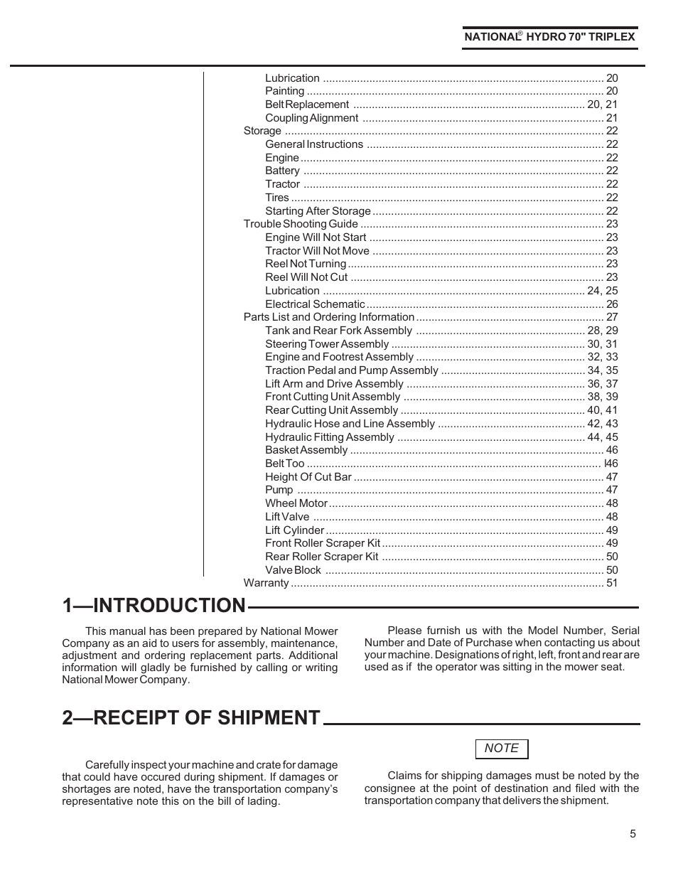 1introduction, 2receipt of shipment | National Mower HYDRO HYD70OM-8/99 User Manual | Page 5 / 51