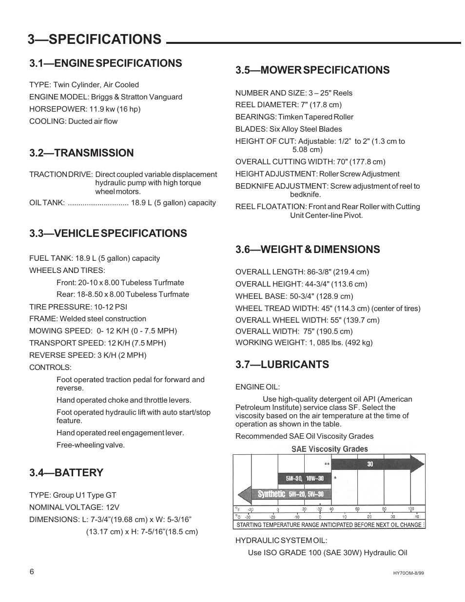 3specifications, 1engine specifications, 2transmission | 3vehicle specifications, 4battery, 5mower specifications, 6weight & dimensions, 7lubricants | National Mower HYDRO HYD70OM-8/99 User Manual | Page 6 / 51