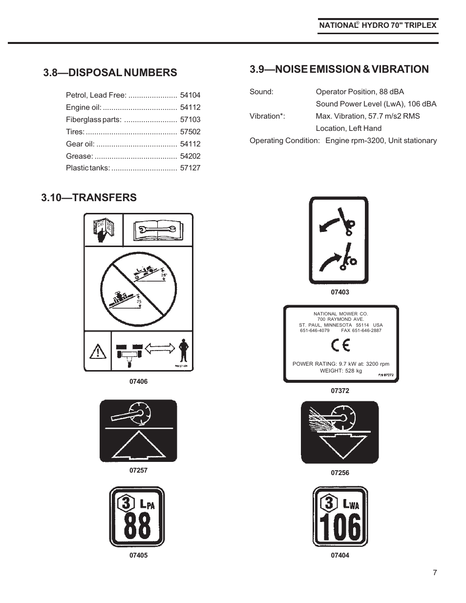 8disposal numbers, 9noise emission & vibration, 10transfers | National Mower HYDRO HYD70OM-8/99 User Manual | Page 7 / 51