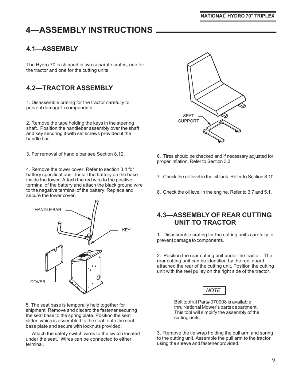 4assembly instructions, 1assembly, 2tractor assembly | 3assembly of rear cutting unit to tractor | National Mower HYDRO HYD70OM-8/99 User Manual | Page 9 / 51