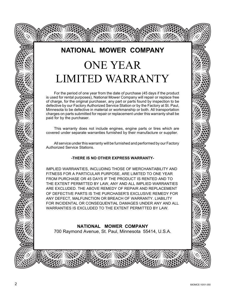 One year limited warranty, National mower company | National Mower Triplex-CE DL 68" User Manual | Page 2 / 36