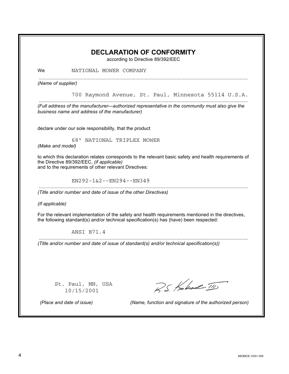 Declaration of conformity | National Mower Triplex-CE DL 68" User Manual | Page 4 / 36