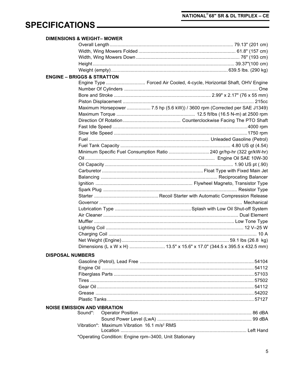 Specifications | National Mower Triplex-CE DL 68" User Manual | Page 5 / 36