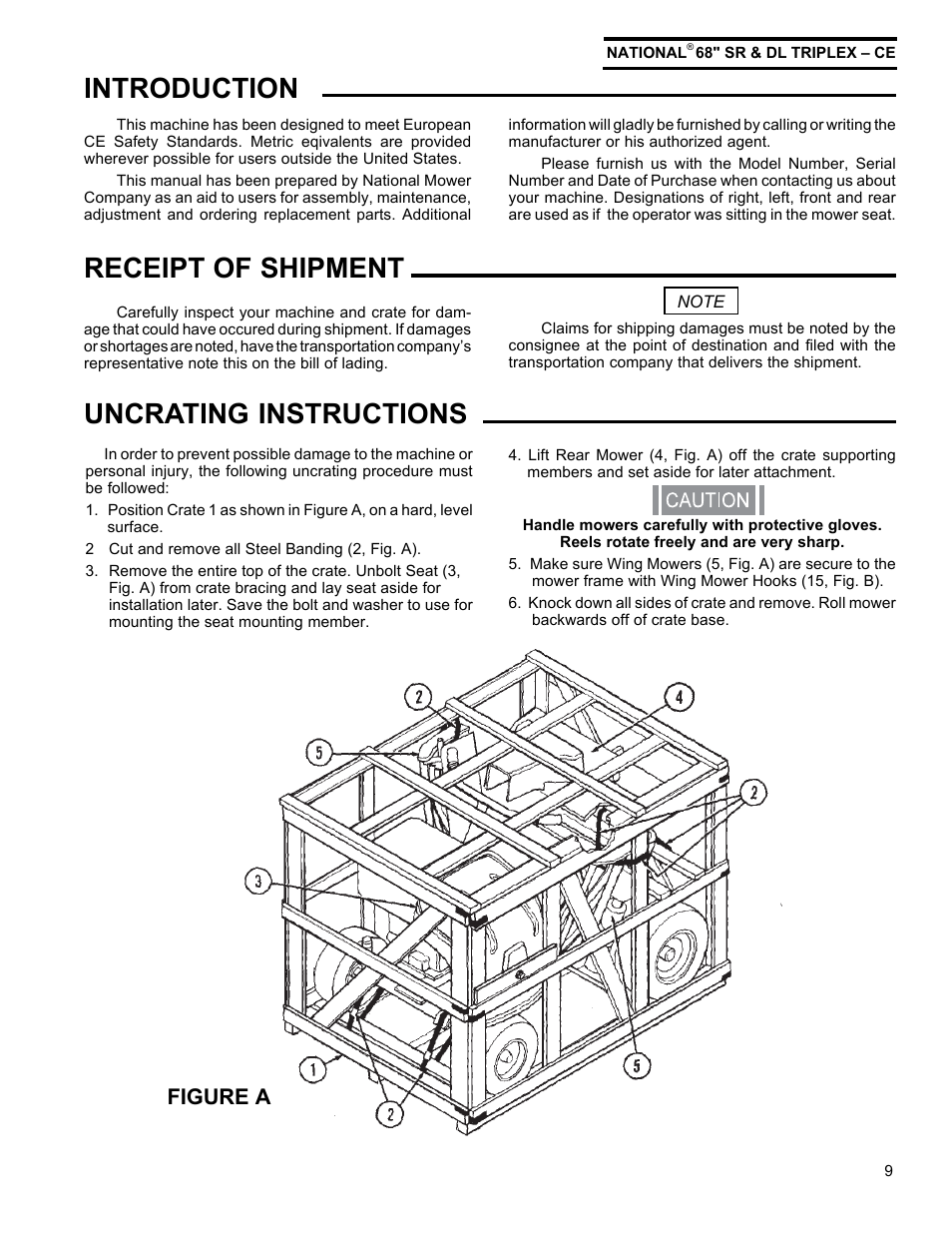 Introduction, Uncrating instructions receipt of shipment, Figure a | National Mower Triplex-CE DL 68" User Manual | Page 9 / 36