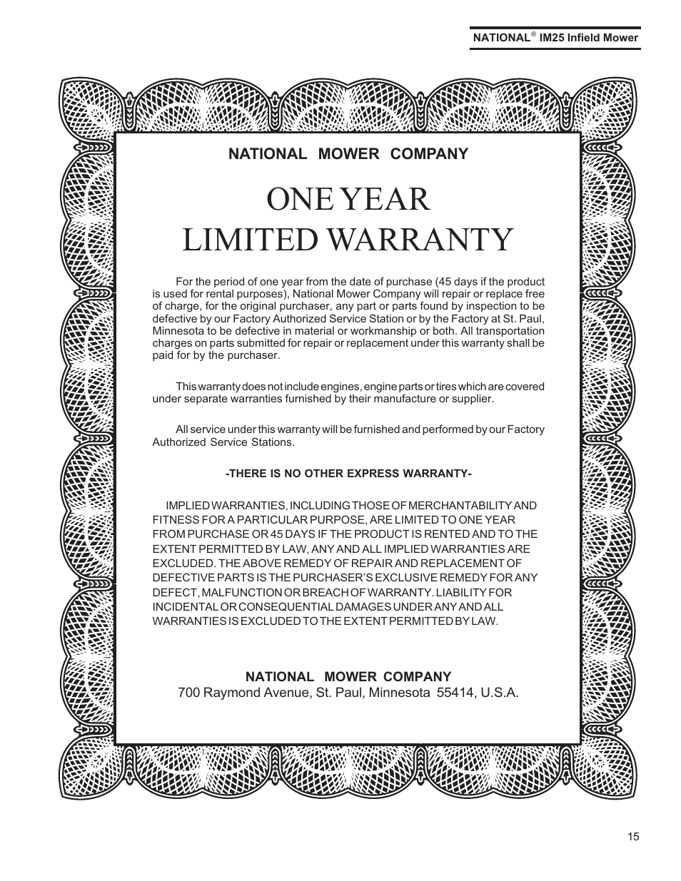 One year limited warranty, National mower company | National Mower IM25 User Manual | Page 14 / 14