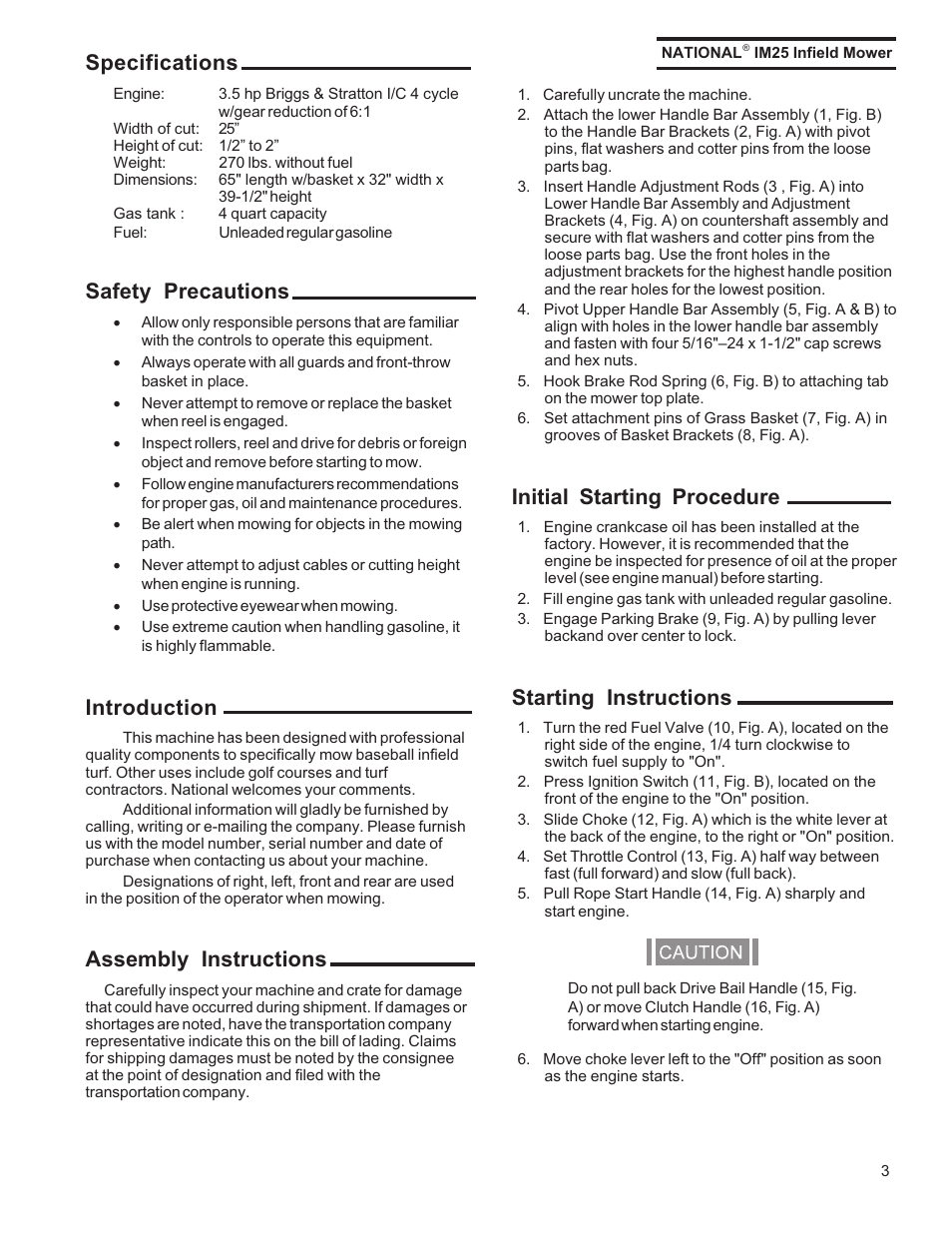 Specifications, Safety precautions, Introduction | Assembly instructions, Initial starting procedure, Starting instructions | National Mower IM25 User Manual | Page 2 / 14
