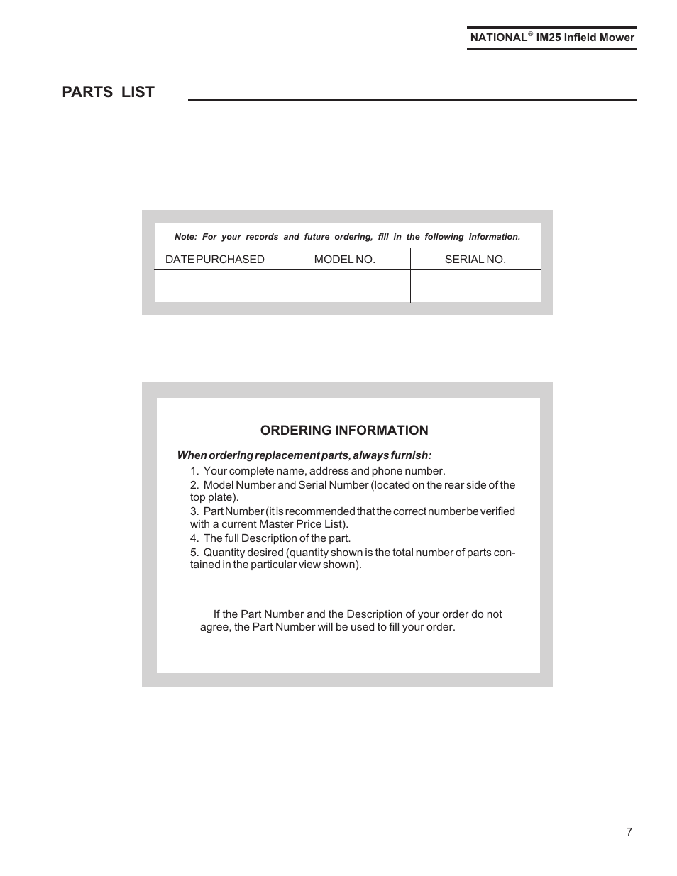 Parts list | National Mower IM25 User Manual | Page 6 / 14