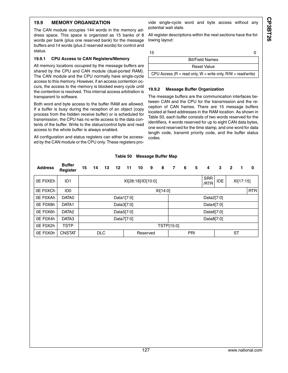 9 memory organization, Memory organization, Cp3 bt26 | National CP3BT26 User Manual | Page 127 / 278