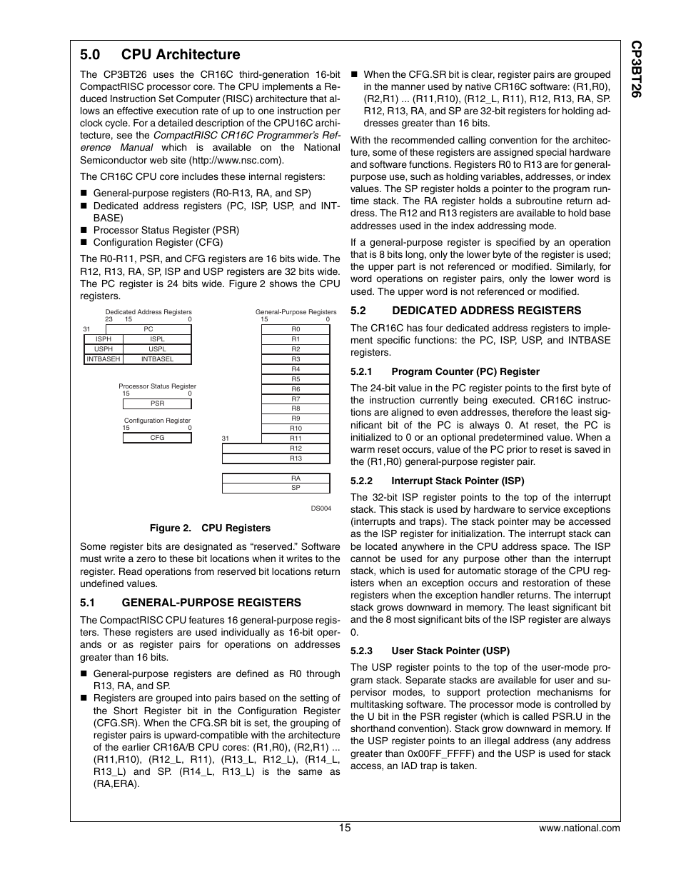 0 cpu architecture, 1 general-purpose registers, 2 dedicated address registers | Cpu architecture, General-purpose registers, Dedicated address registers, Cp3 bt26 | National CP3BT26 User Manual | Page 15 / 278