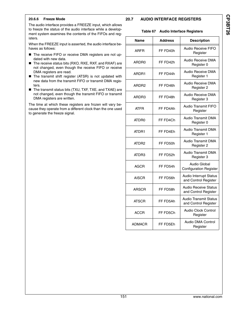 7 audio interface registers, Audio interface registers, Cp3 bt26 | National CP3BT26 User Manual | Page 151 / 278