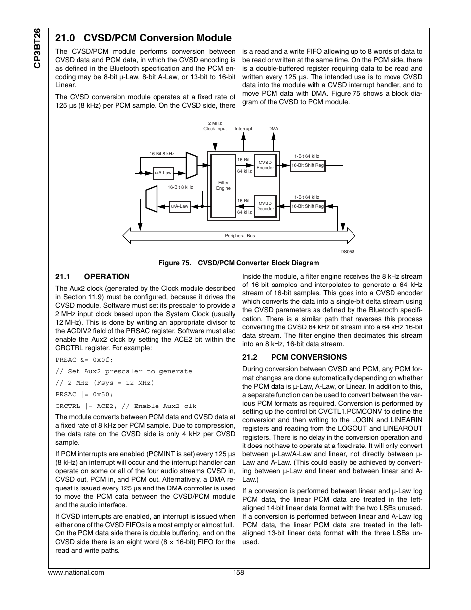 0 cvsd/pcm conversion module, 1 operation, 2 pcm conversions | Cp3bt26 | National CP3BT26 User Manual | Page 158 / 278