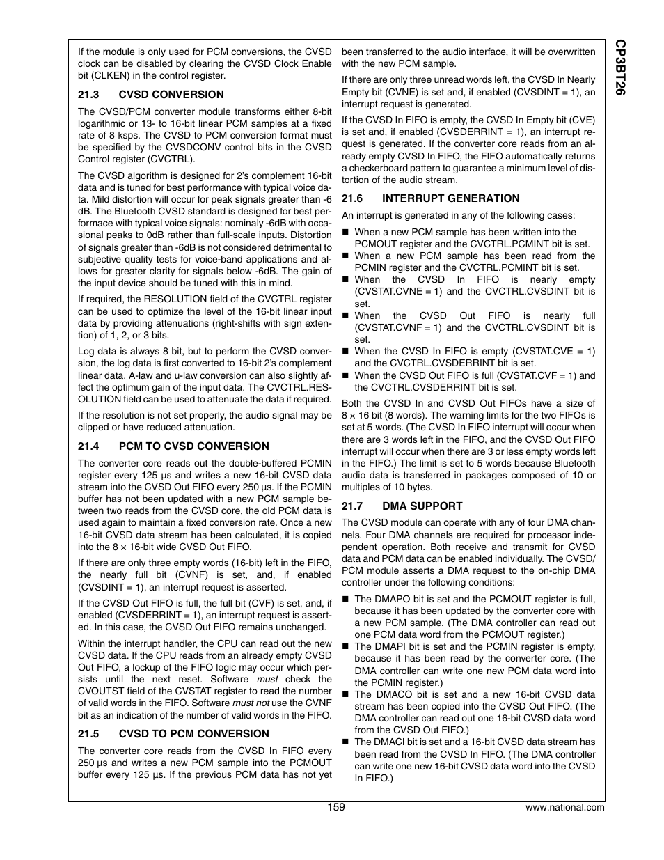 3 cvsd conversion, 4 pcm to cvsd conversion, 5 cvsd to pcm conversion | 6 interrupt generation, 7 dma support, Cp3 bt26 | National CP3BT26 User Manual | Page 159 / 278