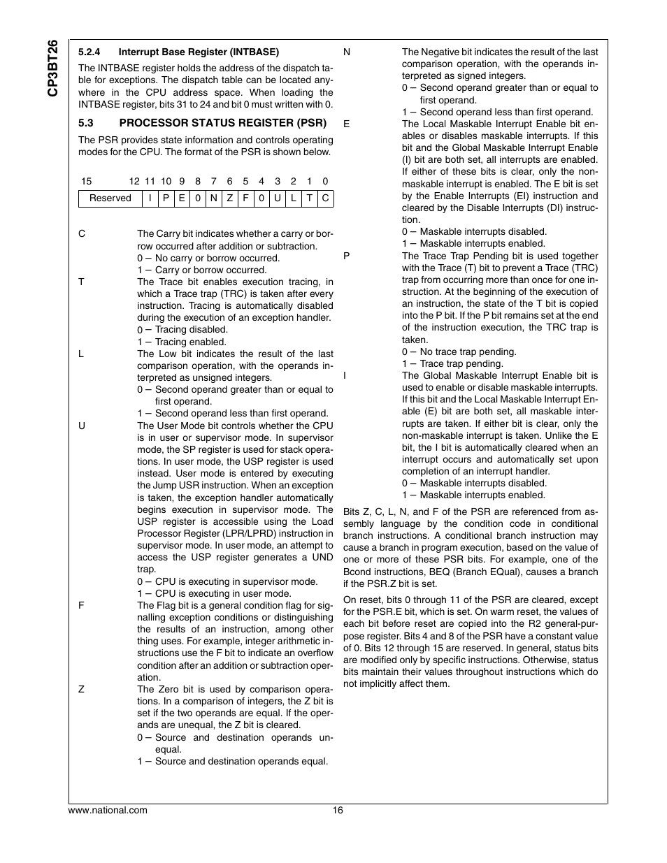 3 processor status register (psr), Processor status register (psr), Cp3bt26 | National CP3BT26 User Manual | Page 16 / 278