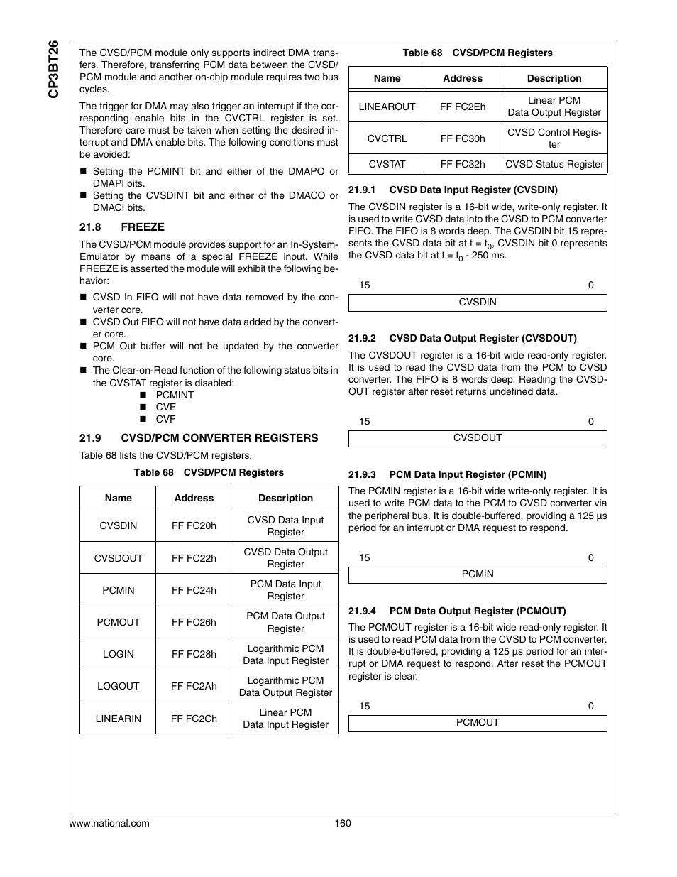 8 freeze, 9 cvsd/pcm converter registers, Cp3bt26 | National CP3BT26 User Manual | Page 160 / 278