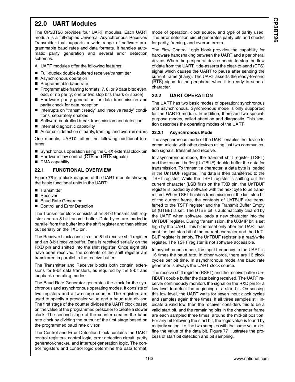 0 uart modules, 1 functional overview, 2 uart operation | Uart modules, Functional overview, Uart operation, Cp3 bt26 | National CP3BT26 User Manual | Page 163 / 278