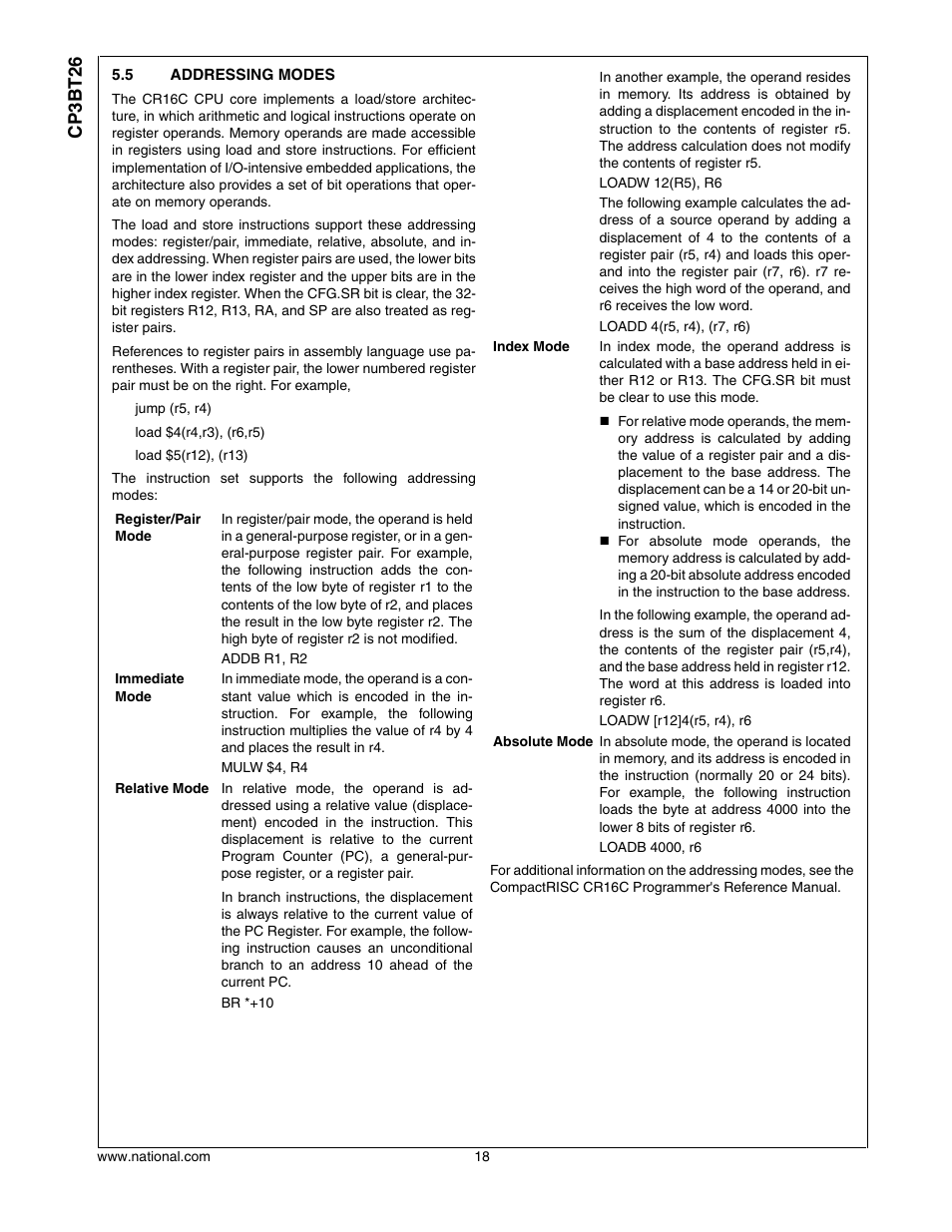 5 addressing modes, Addressing modes, Cp3bt26 | National CP3BT26 User Manual | Page 18 / 278