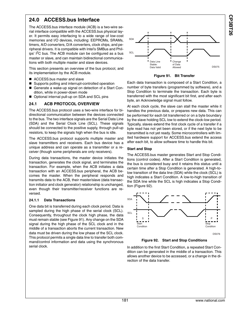 0 access.bus interface, 1 acb protocol overview, Access.bus interface | Acb protocol overview, Cp3 bt26 | National CP3BT26 User Manual | Page 181 / 278